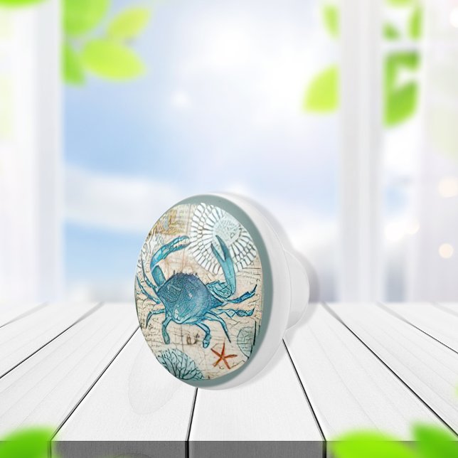 Blue Crab Collage of Nautical Ephemera Watercolor Ceramic Knob (Creator Uploaded)