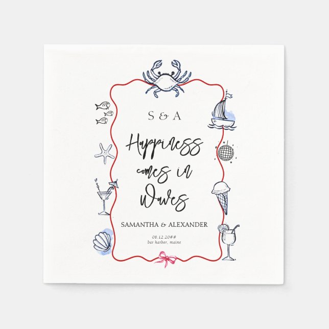Blue Crab Doodle Beach Coastal Destination Wedding Napkins (Front)