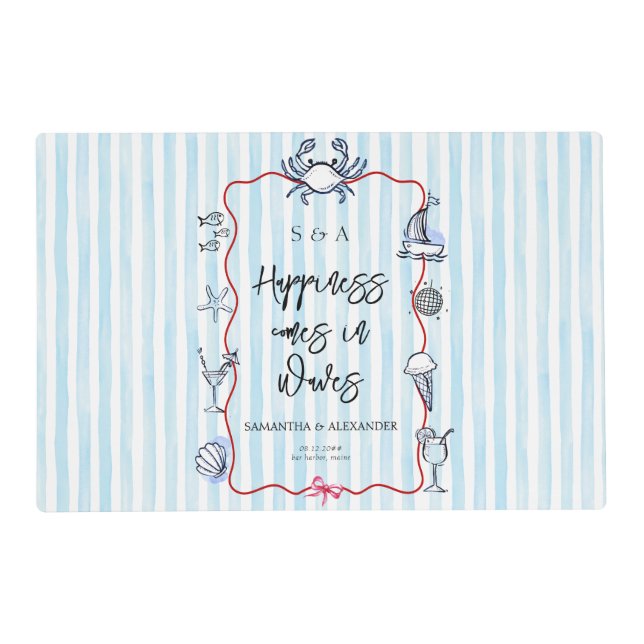 Blue Crab Doodle Beach Coastal Destination Wedding Placemat (Front)