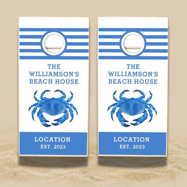 Blue Crab Family Name Beach House Cornhole Set (Personalized beach house family cornhole set with blue crab crustacean design)