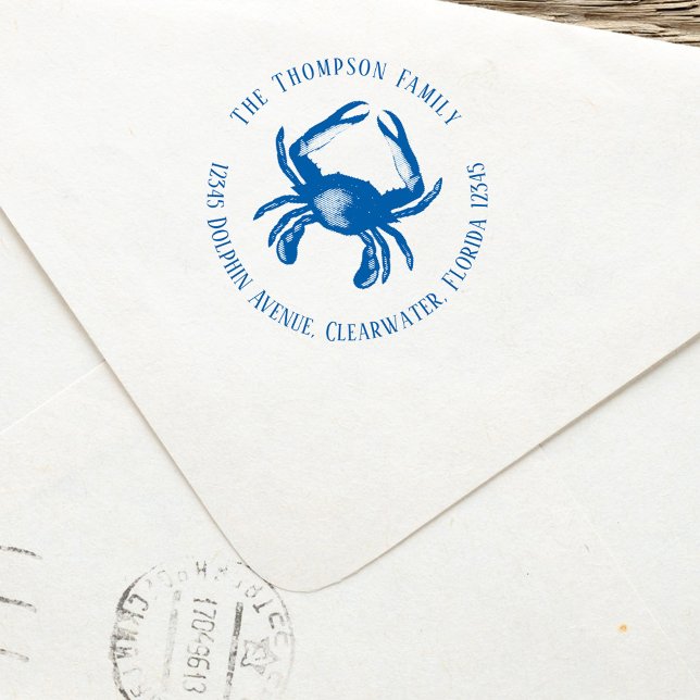 Blue Crab Family Return Address Custom Self-inking Stamp (Blue crab nautical return address stamp. )