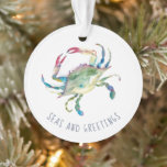 Blue Crab First Married Christmas Ornament<br><div class="desc">A perfect gift for newlyweds or anniversary weddings, this elegant acrylic Christmas ornament features a replica of my original watercolor blue crab encircled by the words Seas and Greetings. The words Merrily Ever After is set in white hand lettered typography over a coastal blue background on the back. Customize this...</div>