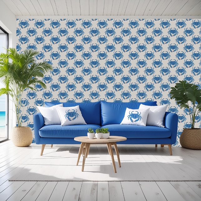 Blue crab nautical beach wallpaper  (Blue crab wallpaper. Perfect for ocean beach house and nautical crustacean themed interiors.)