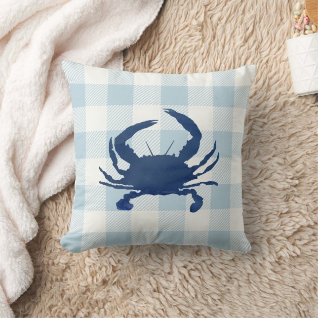 Blue Crab Nautical Blue Gingham Check Throw Pillow (Blanket)