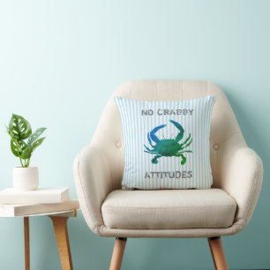 Blue Crab Nautical No Crabby Attitudes Throw Pillow