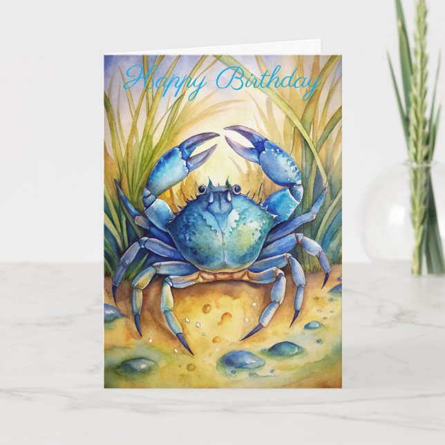 Blue Crab on a Beach Birthday Card (Front)