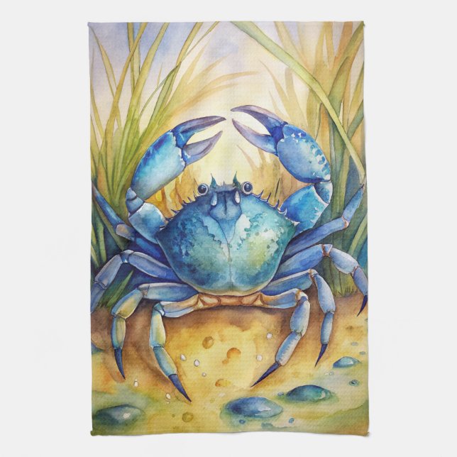 Blue Crab on a Beach Kitchen Towel (Vertical)