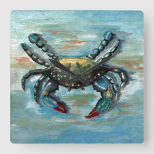 Blue Crab on Blue Square Wall Clock