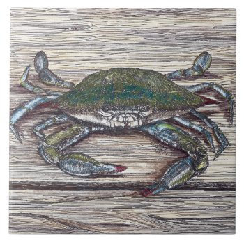 Blue Crab On Dock Ceramic Photo Tile by Eclectic_Ramblings at Zazzle