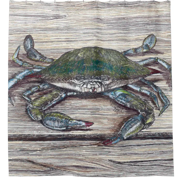 Blue Crab On Dock Shower Curtain, Dock Shower Curtain