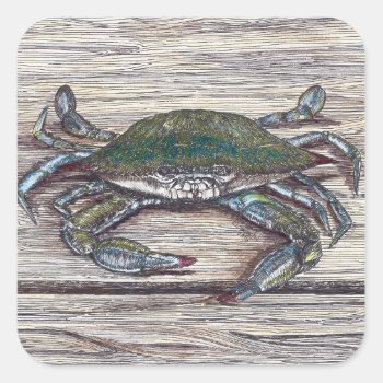 Blue Crab On Dock Square Stickers by Eclectic_Ramblings at Zazzle