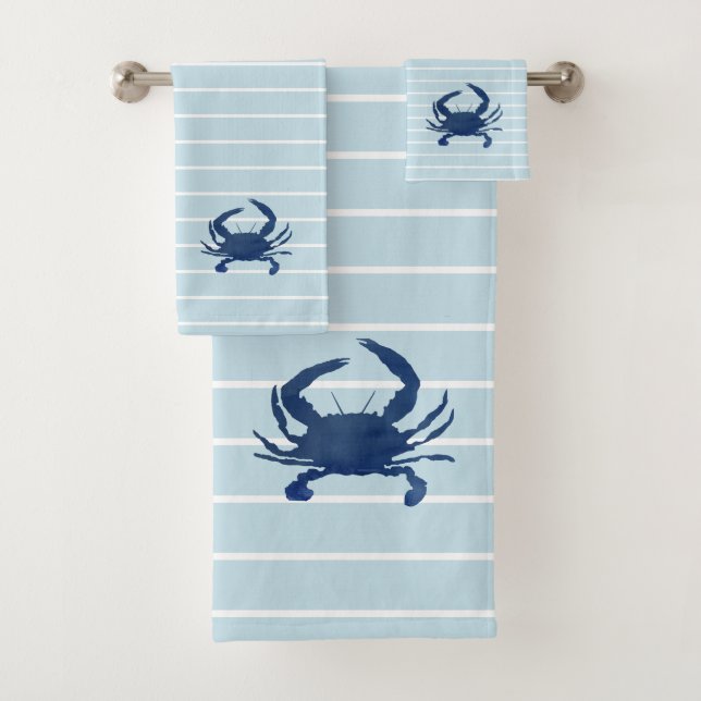 Blue Crab Painting Stripe Bath Towel Set (Insitu)