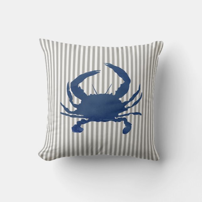 Blue Crab Painting Stripe Nautical Throw Pillow (Front)