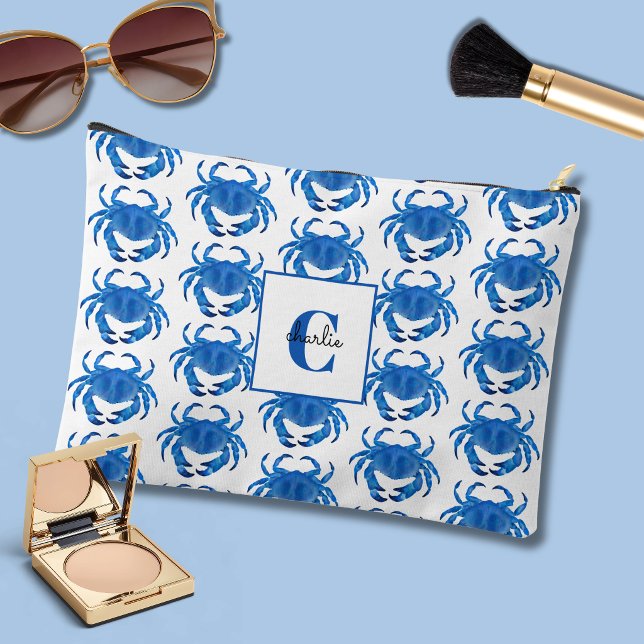 Blue Crab Pattern Accessory Pouch (Blue coastal crab small accessory pouch - personalize with your own name & initial.)