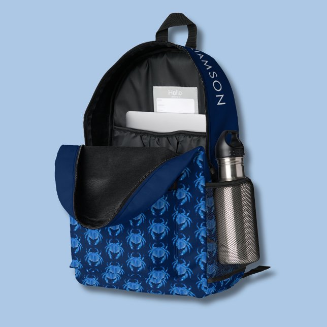 Blue Crab Pattern Name Printed Backpack (Blue crab crustacean pattern back back.  Personalize with your own name or choice of text.)