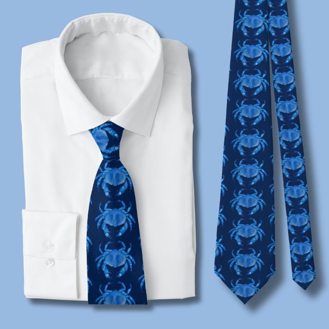 Blue Crab Pattern Neck Tie (navy blue crab tie)
