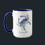 Blue Crab Personalized Beach Theme Coffee Mug<br><div class="desc">Start your day with a personalized beach-themed coffee mug, featuring a stunning crab design in ocean blue and navy blue. This mug showcases a replica of my original watercolor art, bringing a touch of coastal style to your morning routine. Customize it with your name in hand-lettered script typography, or click...</div>