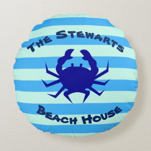 Blue Crab Round Beach House Decor Pillow