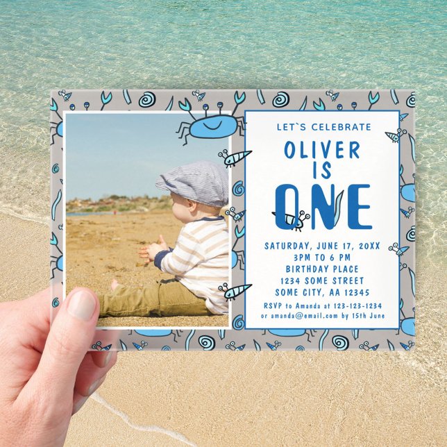 Blue Crab Sea Animals Shell Boy Photo 1st Birthday Acrylic Invitations (Creator Uploaded)