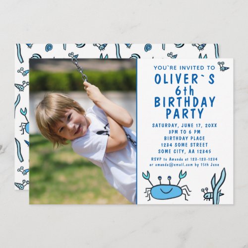 Blue Crab Sea Animals Shell Boy Photo Birthday  In Invitation