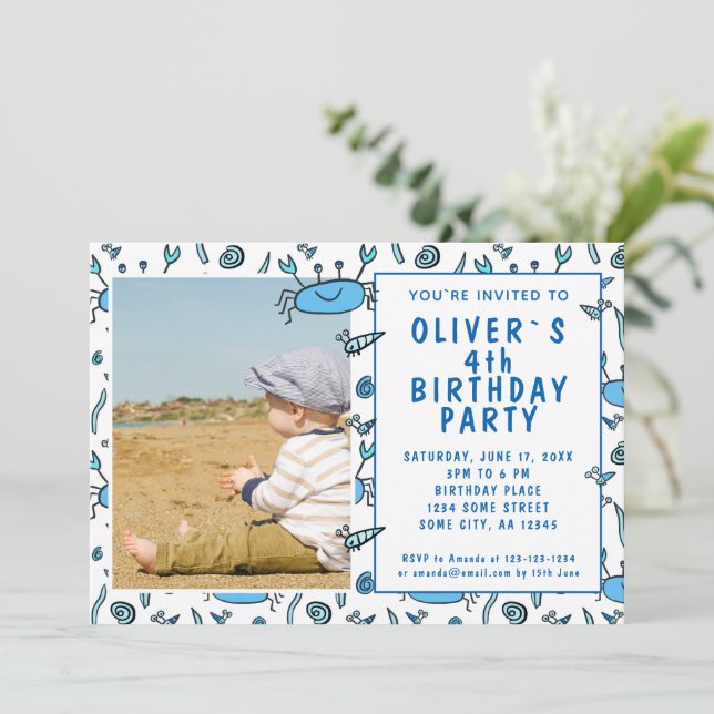 Blue Crab Sea Animals Shell Boy Photo Birthday Invitation (Standing Front)