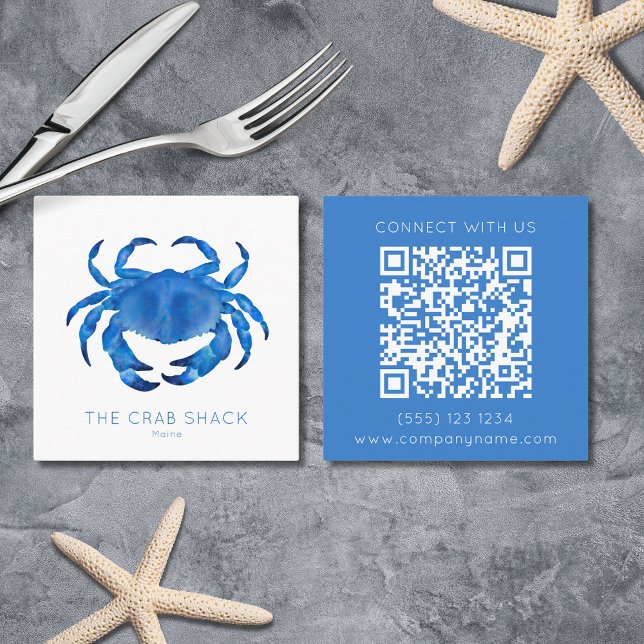 Blue Crab Seafood Restaurant QR code Square Business Card (Crab Seafood restaurant/guest house square business cards with custom QR code. Shellfish Blue Beach)