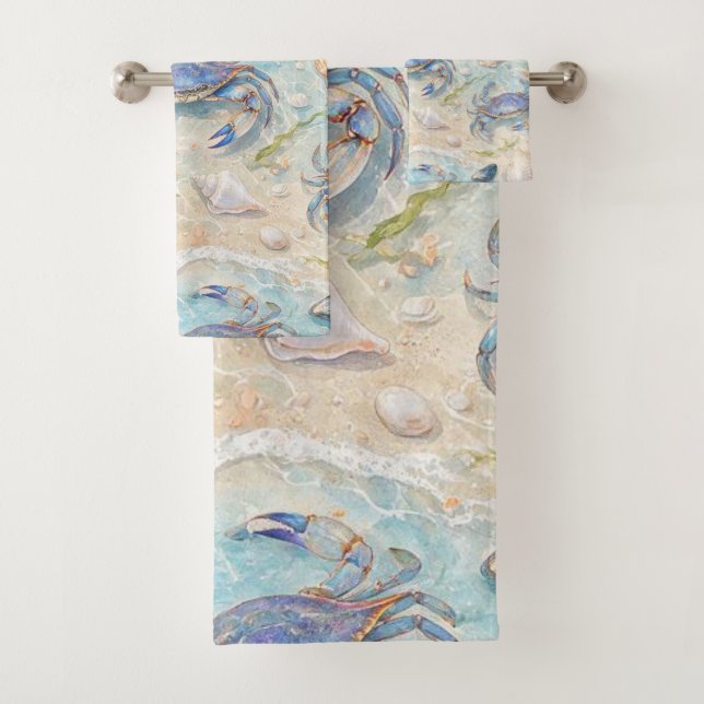 Blue Crab & Seashell Bath Towel Set (Insitu)