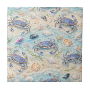 Blue Crab & Seashell Ceramic Tile