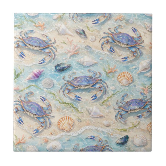 Blue Crab & Seashell Ceramic Tile (Front)
