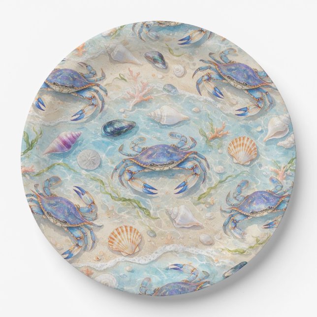 Blue Crab & Seashell Paper Plates (Front)