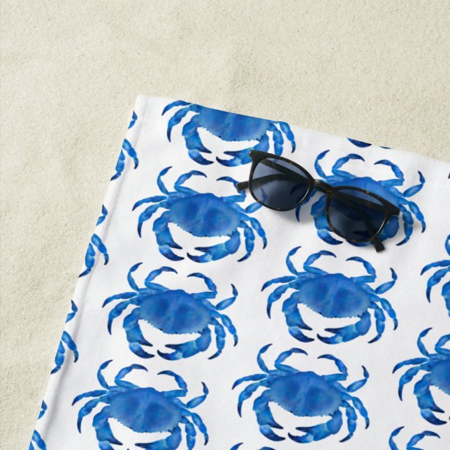 Blue Crab Seaside Coastal Beach Towel (In Situ)