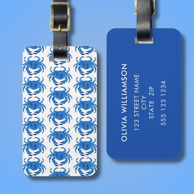 Blue Crab Seaside Ocean pattern personalized Luggage Tag (Blue crab luggage tag.  From artists original illustration.  Add your own address details to rear.)