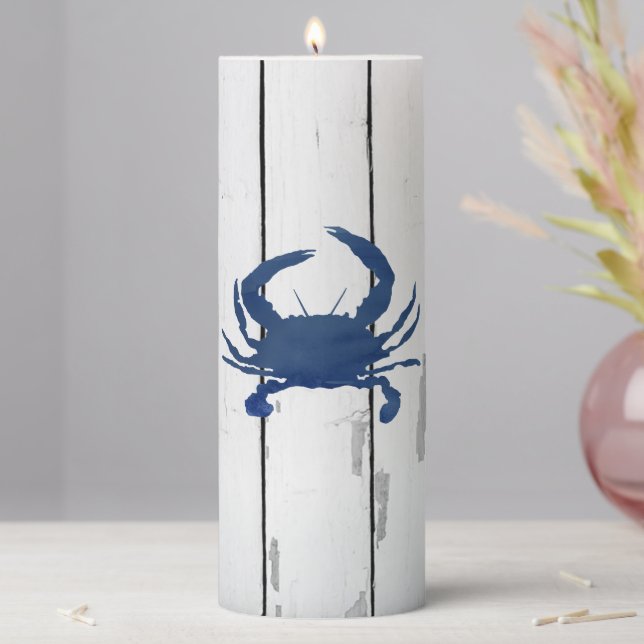 Blue Crab Shiplap Beach Design Pillar Candle (In Situ)