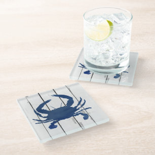 Blue Crab Shiplap Rustic Beach Decor Glass Coaster