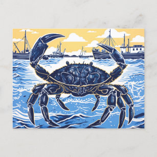 Blue Crab, the Sea, and a Fishing Boat in Linocut Postcard