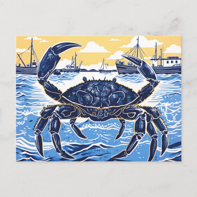 Blue Crab, the Sea, and a Fishing Boat in Linocut Postcard (Front)