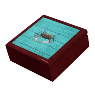 Blue Crab Turquoise Wooden Jewelry Keepsake Box