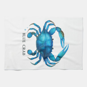 Blue Crab Watercolor Art - Coastal Sea Life Kitchen Towel