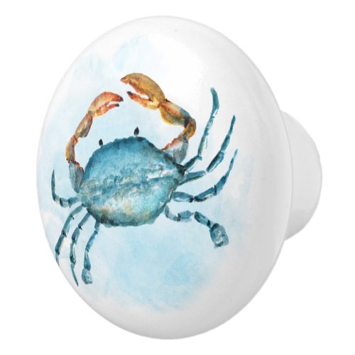 Blue Crab Watercolor Beach Ceramic Knob