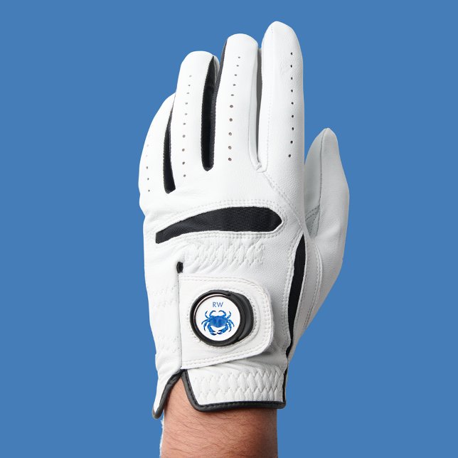 Blue Crab Watercolor Personalized Golf Glove (Blue crab crustacean golf glove with gold ball marker.  Personalize with initials.)