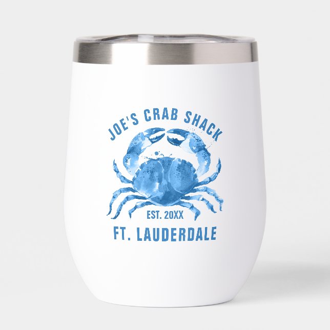 Blue Crab Watercolors Illustration Custom Text Thermal Wine Tumbler (Back)