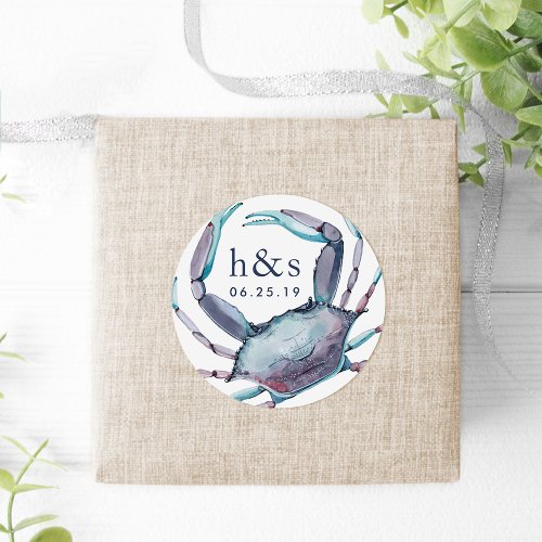 Blue Crab Wedding Monogram Classic Round Sticker