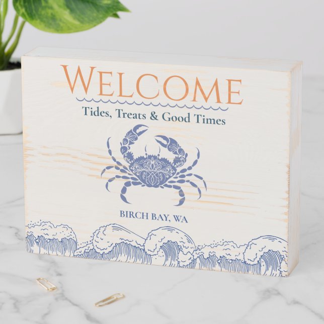 Blue Crab Welcome Wooden Box Sign (In Situ Horizontal)