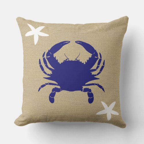 Blue Crab  White Starfish Beach Faux Burlap Outdoor Pillow