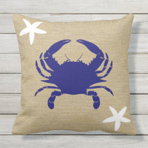 Blue Crab & White Starfish Beach Faux Burlap Outdoor Pillow