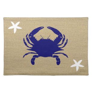 Blue Crab & White Starfish Nautical Beach "Burlap" Cloth Placemat