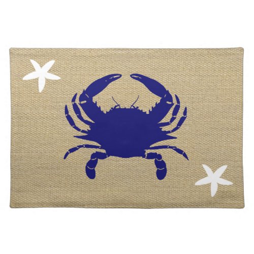 Blue Crab  White Starfish Nautical Beach Burlap Cloth Placemat