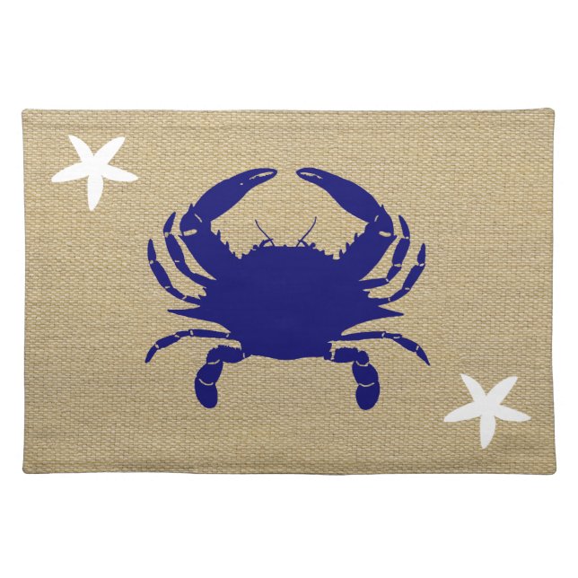 Blue Crab & White Starfish Nautical Beach "Burlap" Cloth Placemat (Front)