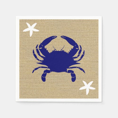 Blue Crab  White Starfish Nautical Beach Burlap Napkins