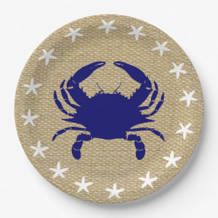 Blue Crab & White Starfish Nautical Beach "Burlap" Paper Plates